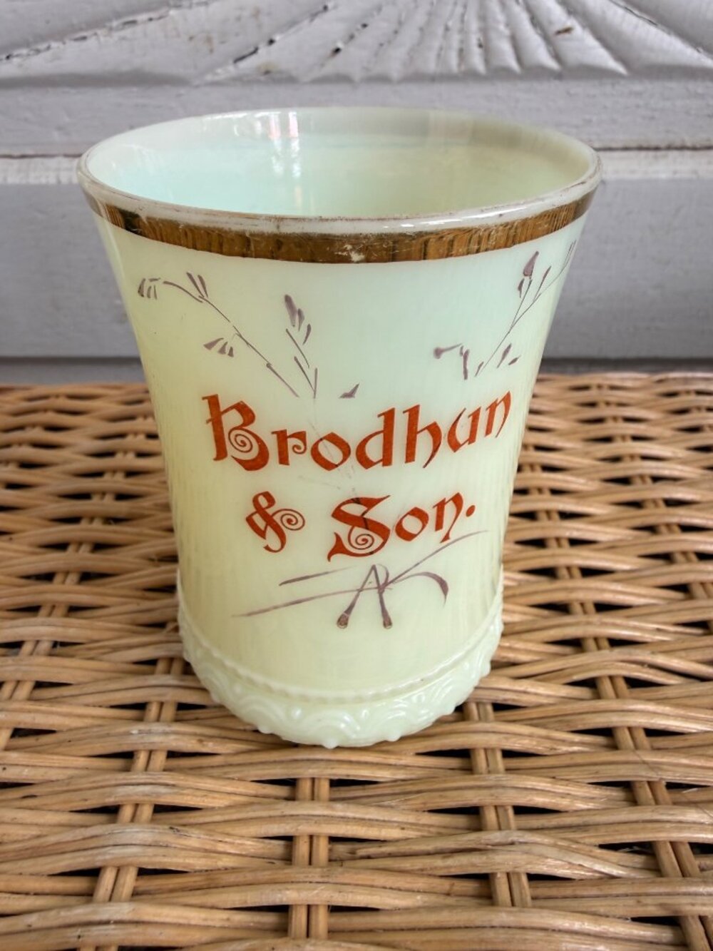 Antique Heisey Custard Glass Tumbler Uranium Advertising Brodhun & Son - Picture 9 of 14